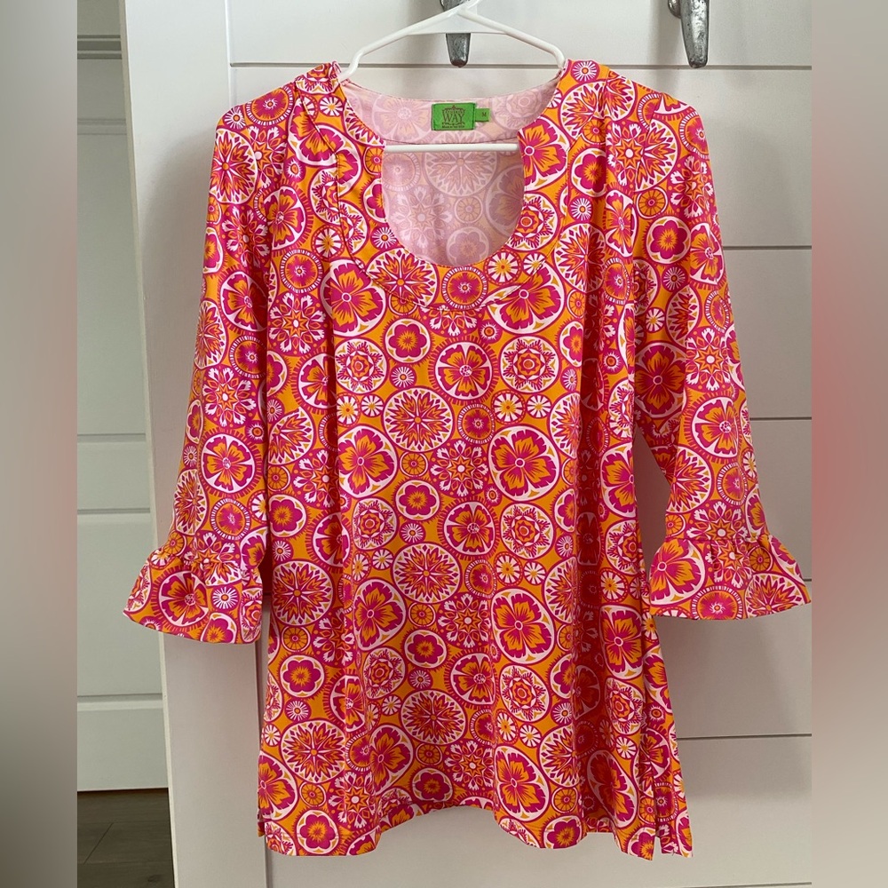 Katherine Way Floral Pink & Orange Medallion Tunic Top Size M